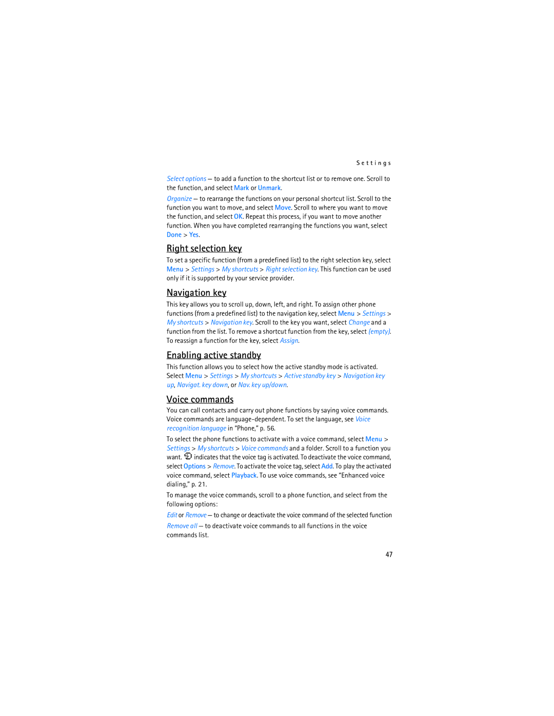 Nokia 6086i manual Right selection key, Navigation key, Enabling active standby, Voice commands 