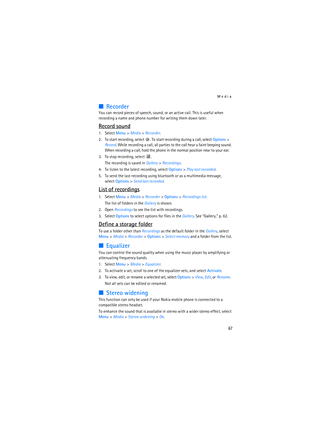 Nokia 6086i manual Recorder, Equalizer, Stereo widening 