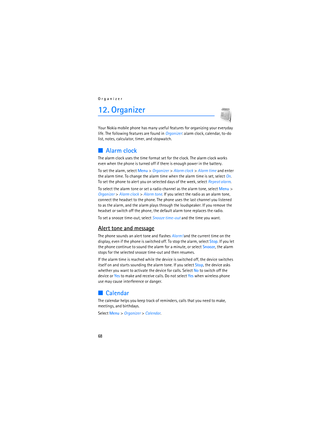 Nokia 6086i manual Alarm clock, Alert tone and message, Select Menu Organizer Calendar 