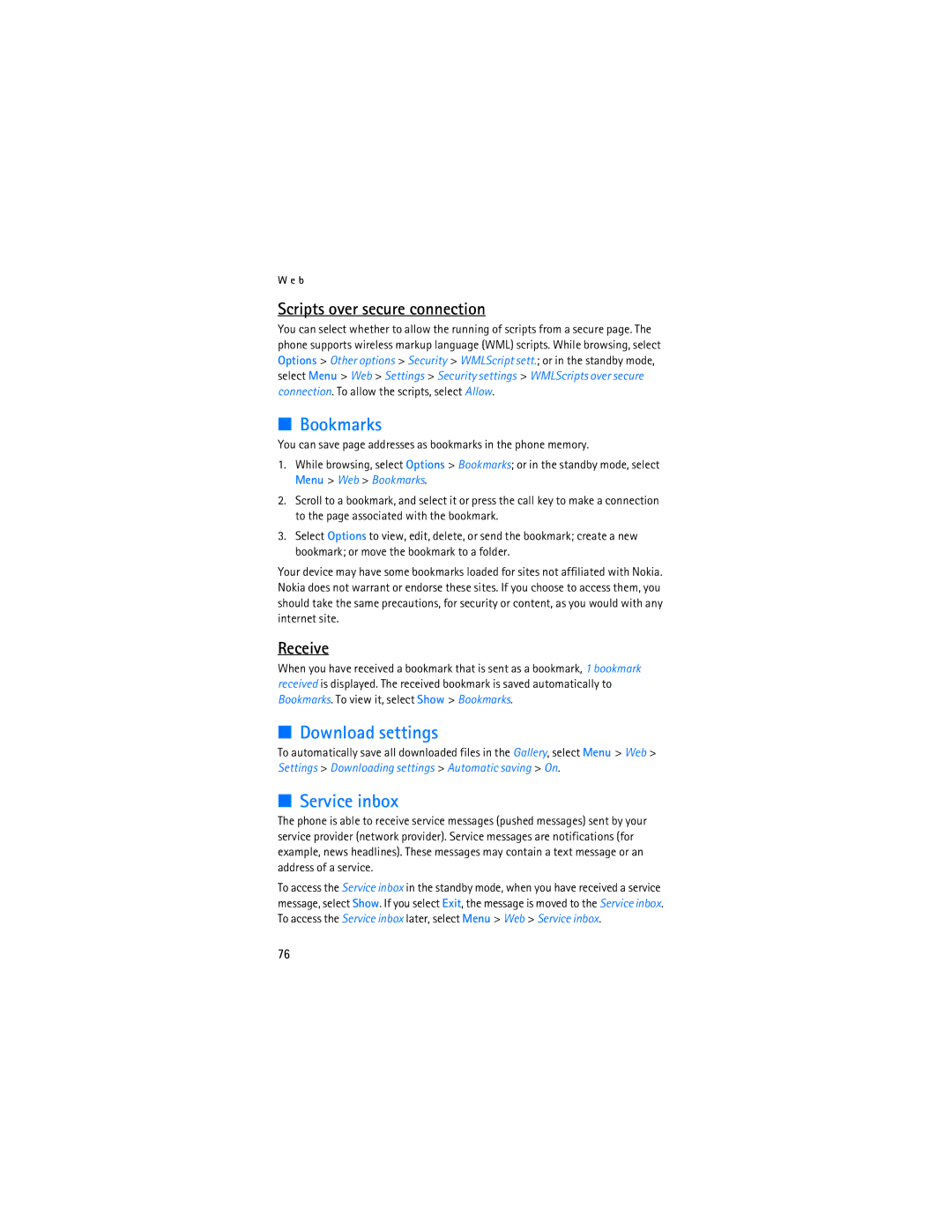 Nokia 6086i manual Bookmarks, Download settings, Service inbox, Scripts over secure connection, Receive 