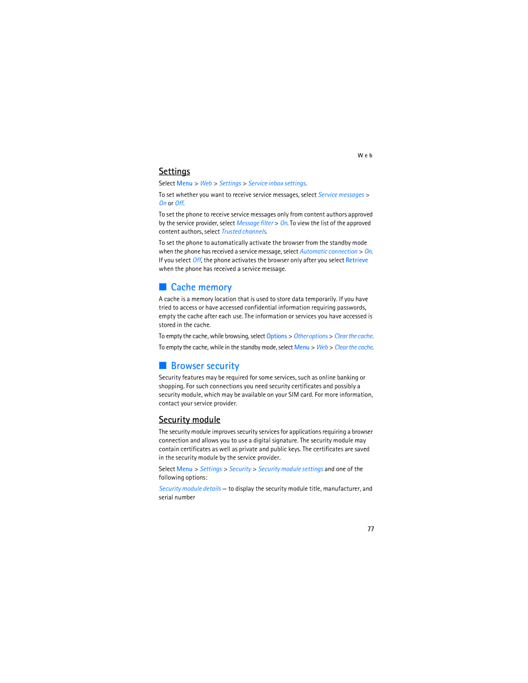 Nokia 6086i manual Cache memory, Browser security, Security module, Select Menu Web Settings Service inbox settings 