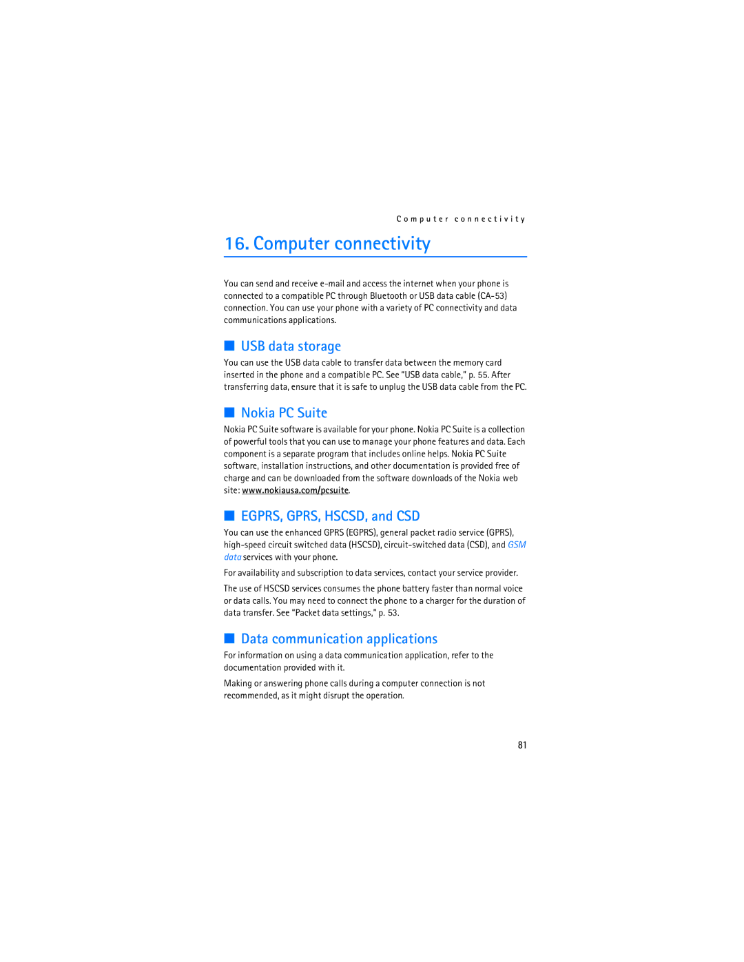Nokia 6086i manual Computer connectivity, USB data storage, Nokia PC Suite EGPRS, GPRS, HSCSD, and CSD 