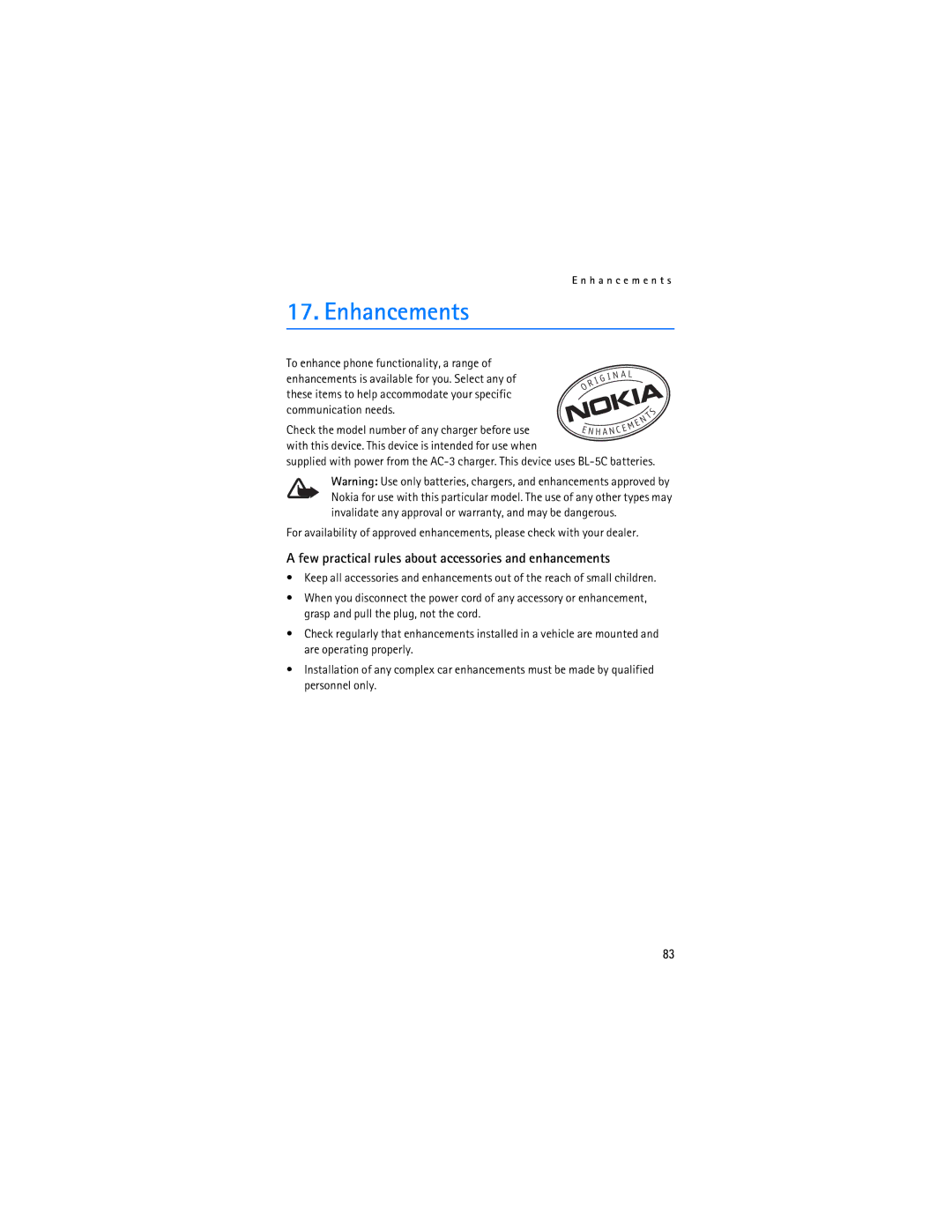 Nokia 6086i manual Enhancements, Few practical rules about accessories and enhancements 