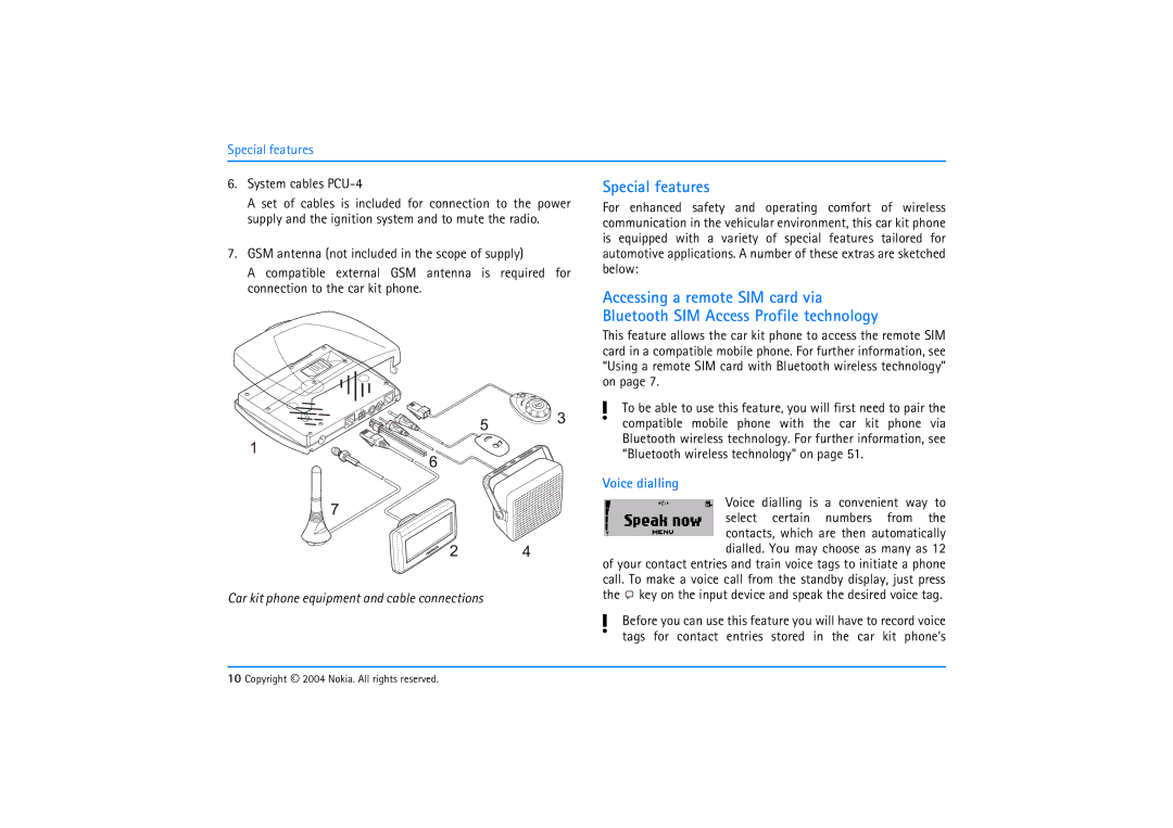 Nokia 610 manual Special features, System cables PCU-4, Voice dialling 