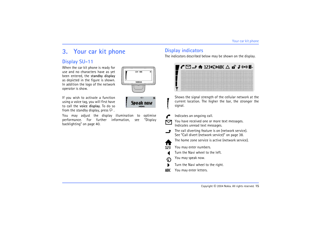 Nokia 610 manual Your car kit phone, Display SU-11, Display indicators 