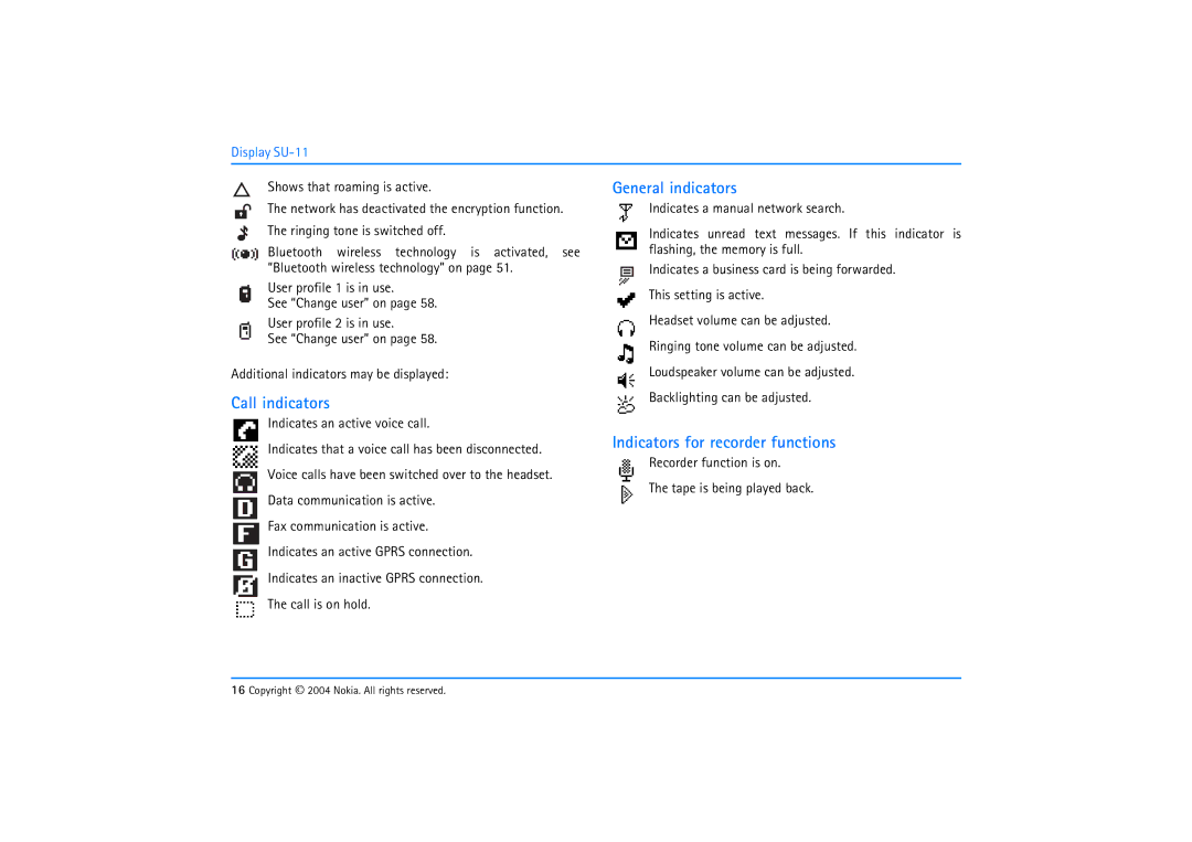 Nokia 610 manual Call indicators, General indicators, Indicators for recorder functions, Display SU-11 