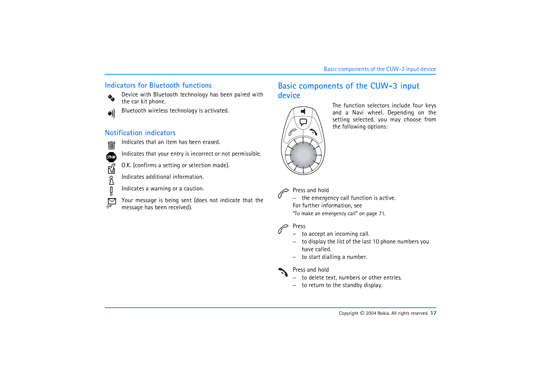 Nokia 610 manual Basic components of the CUW-3 input device, Indicators for Bluetooth functions, Notification indicators 