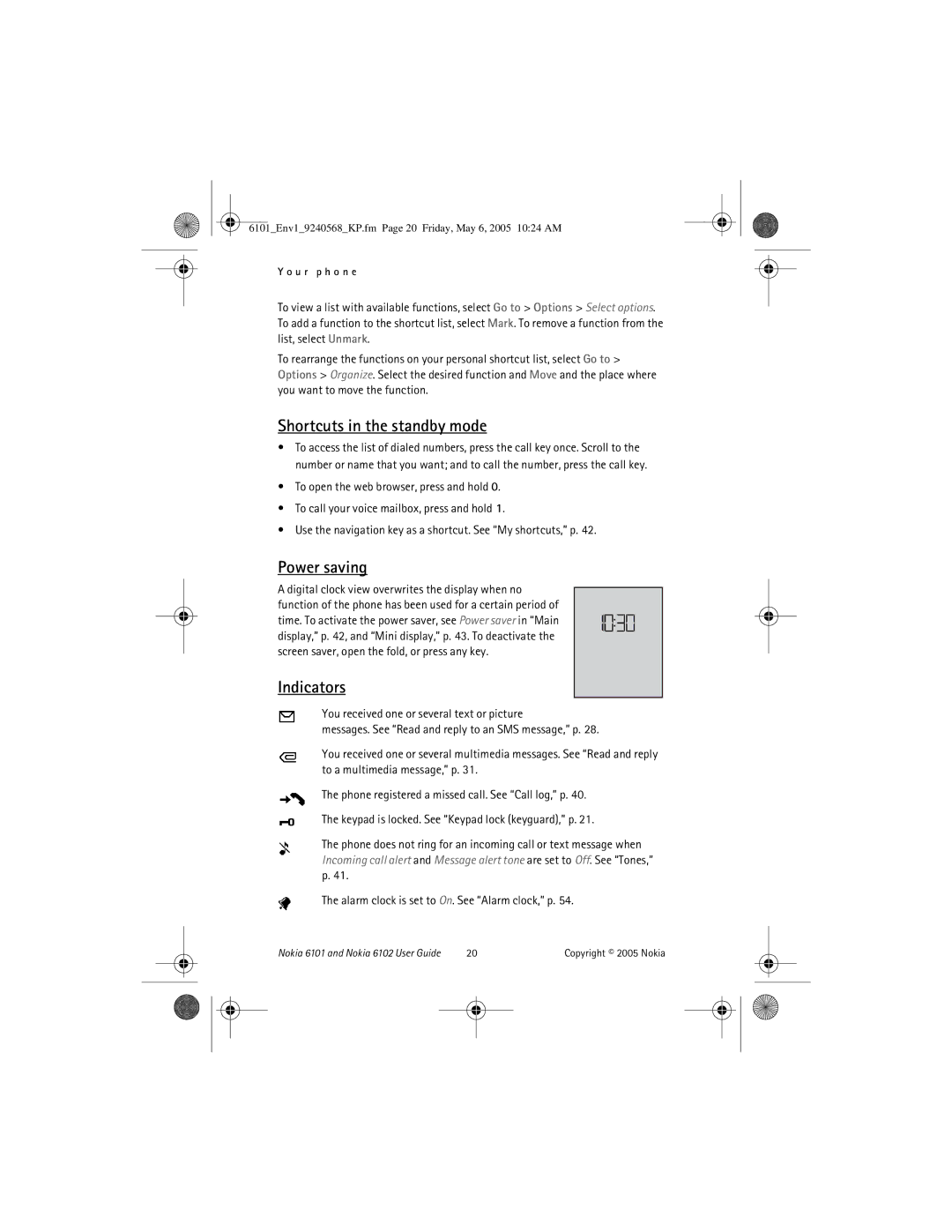 Nokia 6101, 6102 manual Shortcuts in the standby mode, Power saving, Indicators 