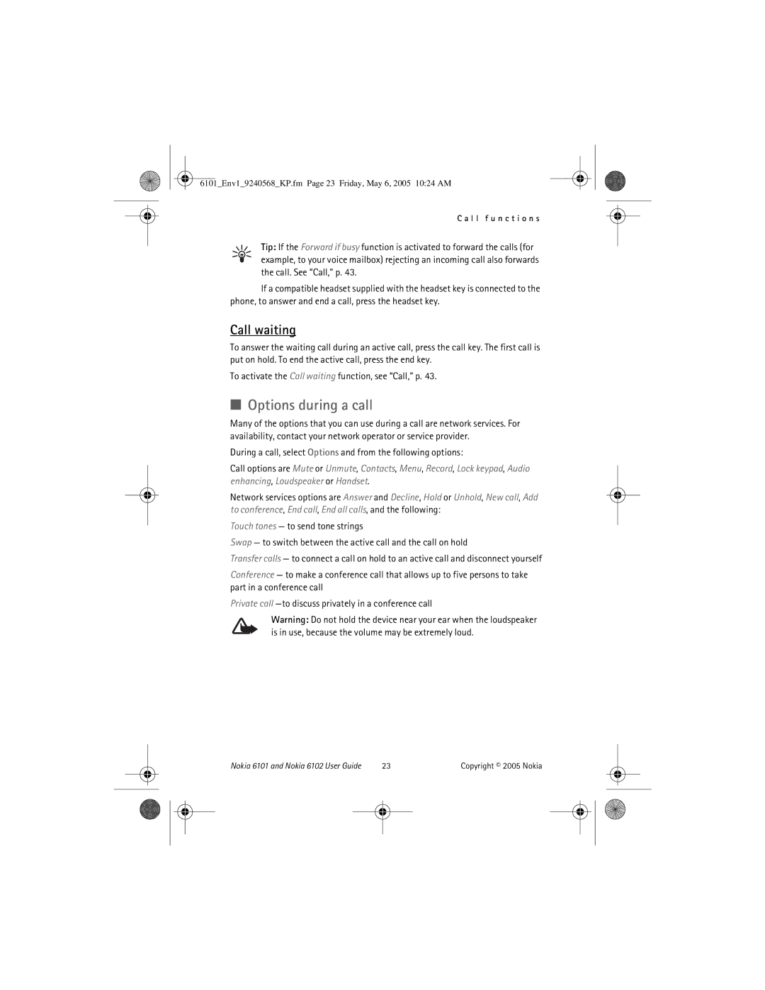 Nokia 6102, 6101 manual Options during a call, Call waiting 