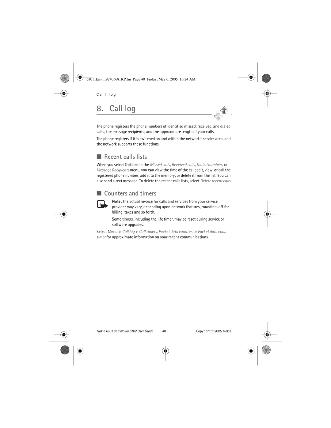 Nokia 6101, 6102 manual Call log, Recent calls lists, Counters and timers 