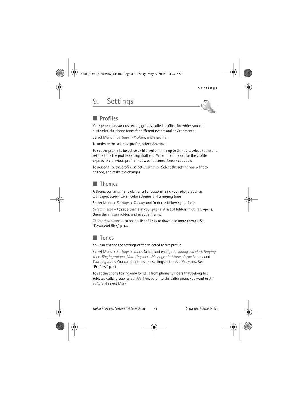 Nokia 6102, 6101 manual Settings, Profiles, Themes, Tones 