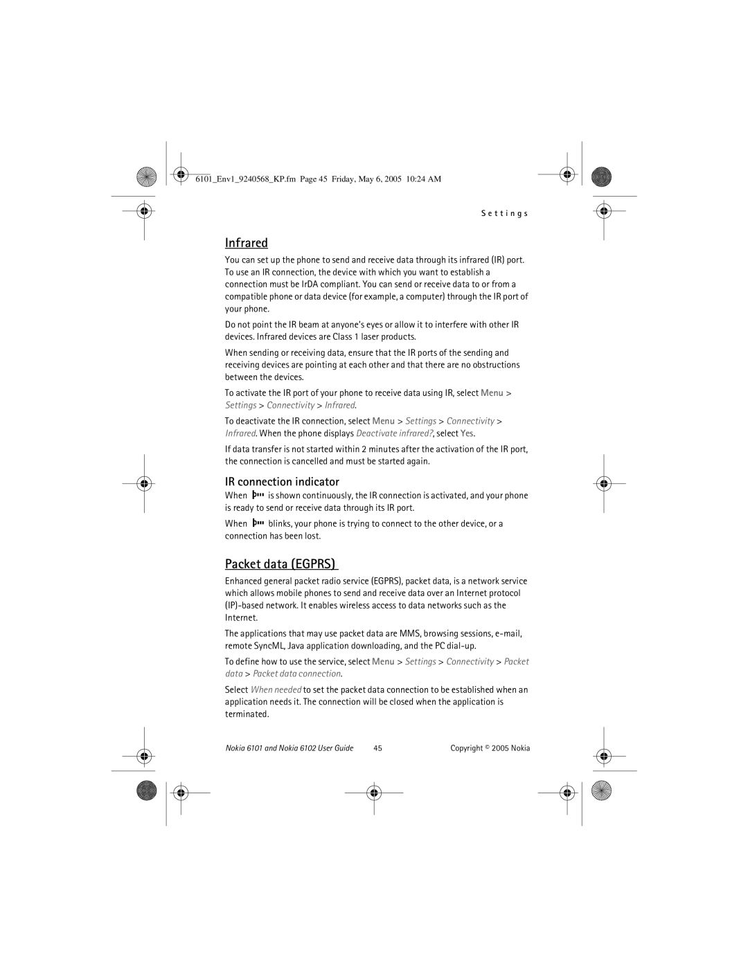 Nokia 6102, 6101 manual Infrared, Packet data Egprs 