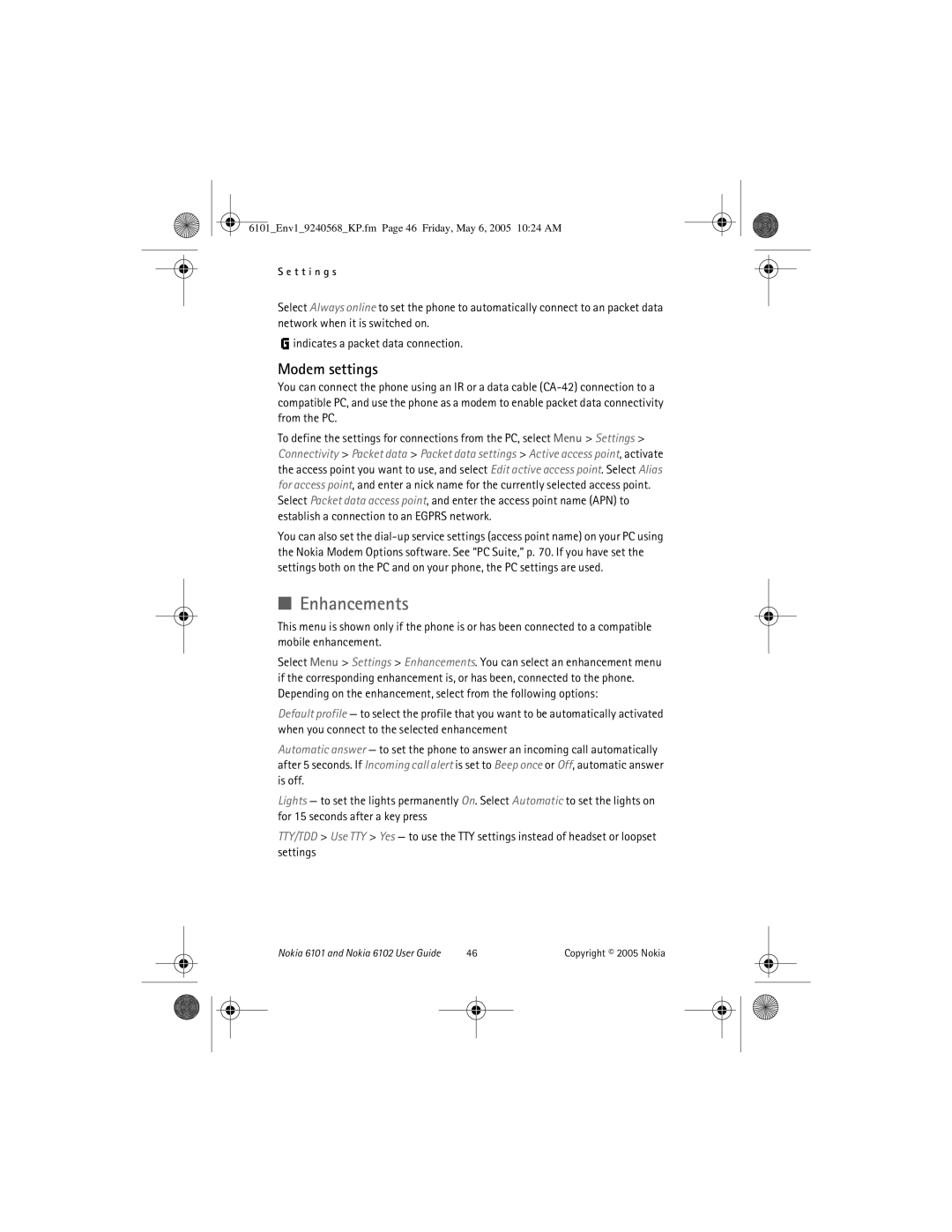 Nokia 6101, 6102 manual Enhancements, Modem settings 