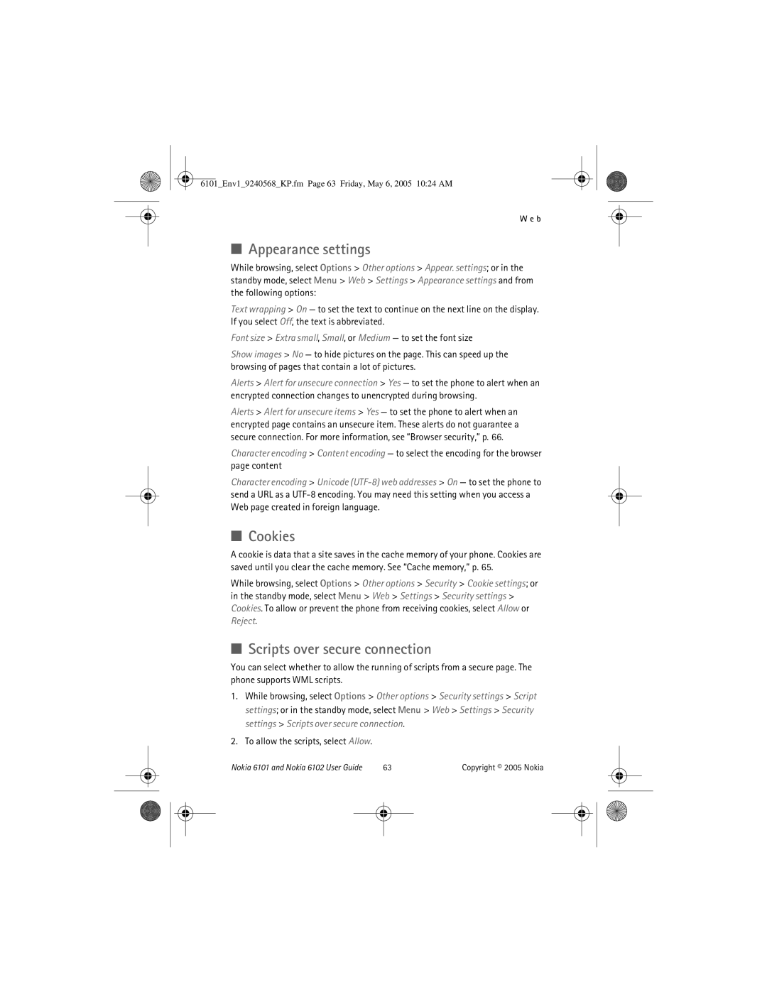 Nokia 6102, 6101 manual Appearance settings, Cookies, Scripts over secure connection, To allow the scripts, select Allow 