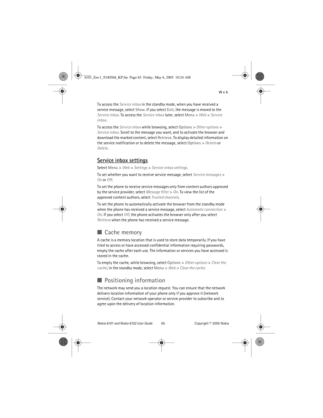 Nokia 6102, 6101 manual Cache memory, Positioning information, Service inbox settings 