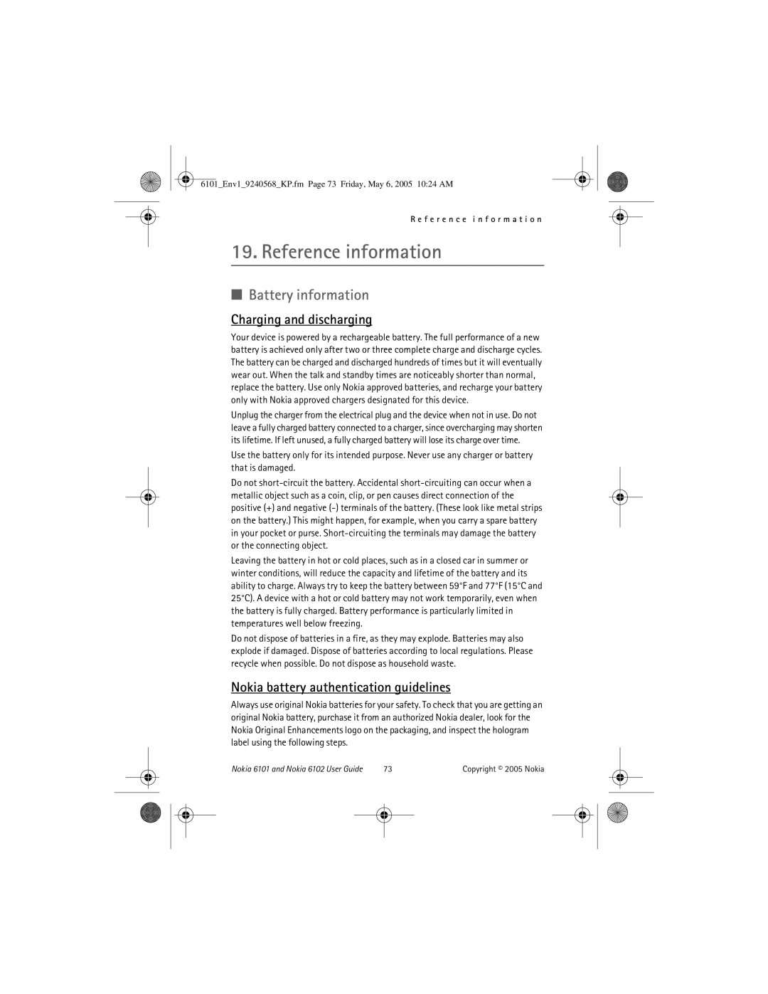 Nokia 6102 Reference information, Battery information, Charging and discharging, Nokia battery authentication guidelines 