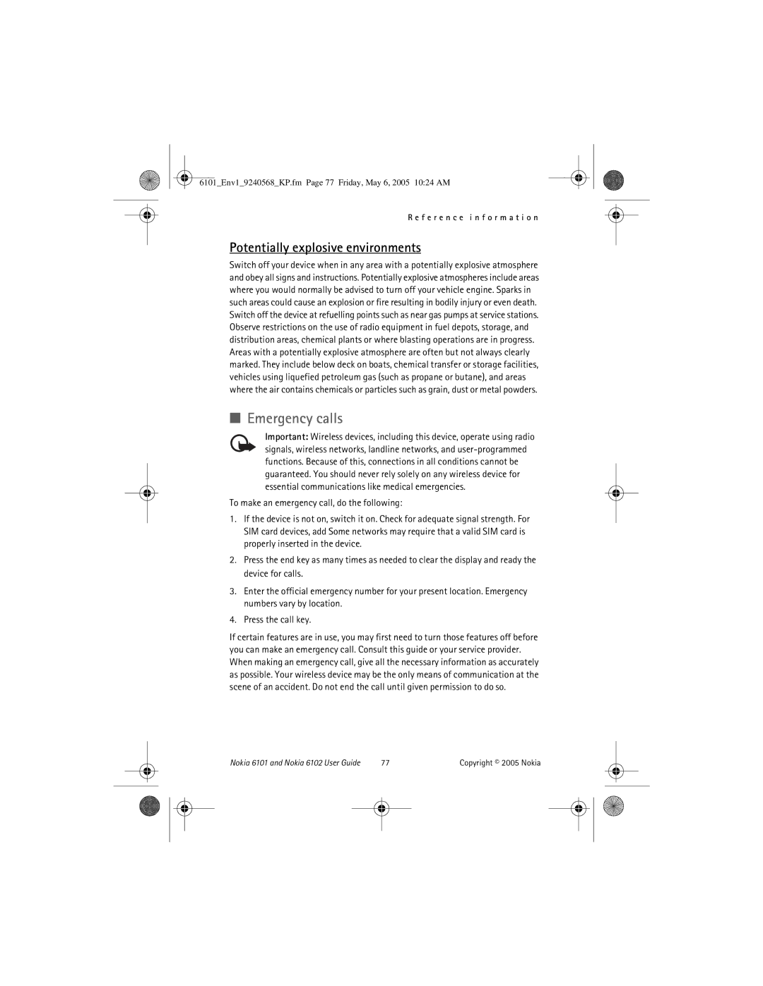 Nokia 6102, 6101 manual Emergency calls, Potentially explosive environments 