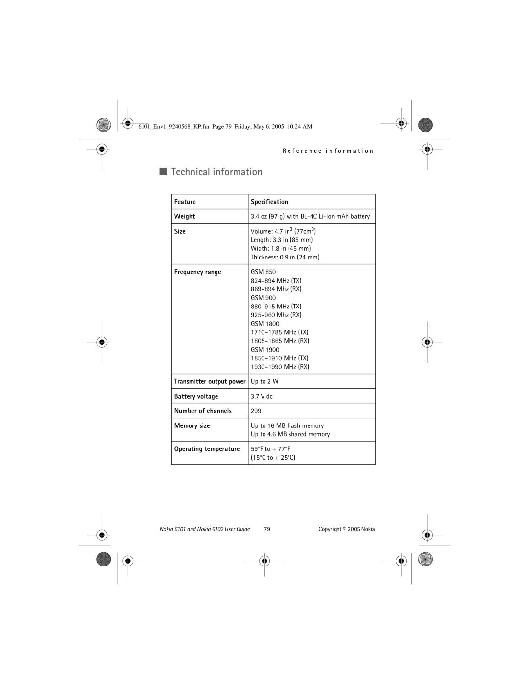 Nokia 6102, 6101 manual Technical information 