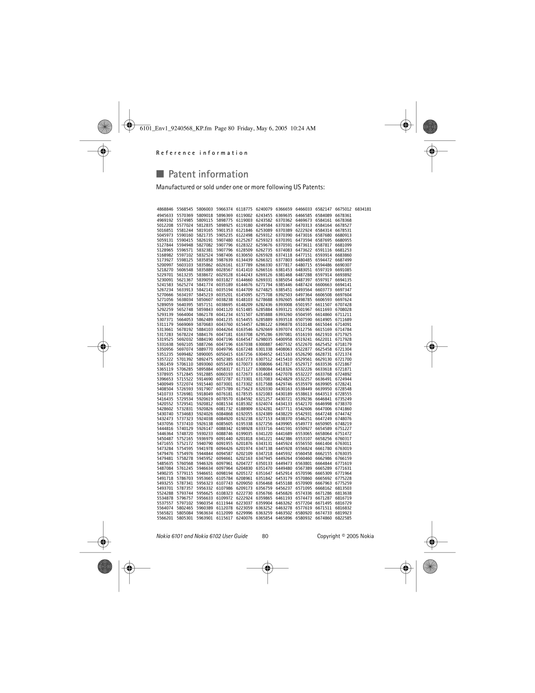 Nokia 6101, 6102 manual Patent information, Manufactured or sold under one or more following US Patents 