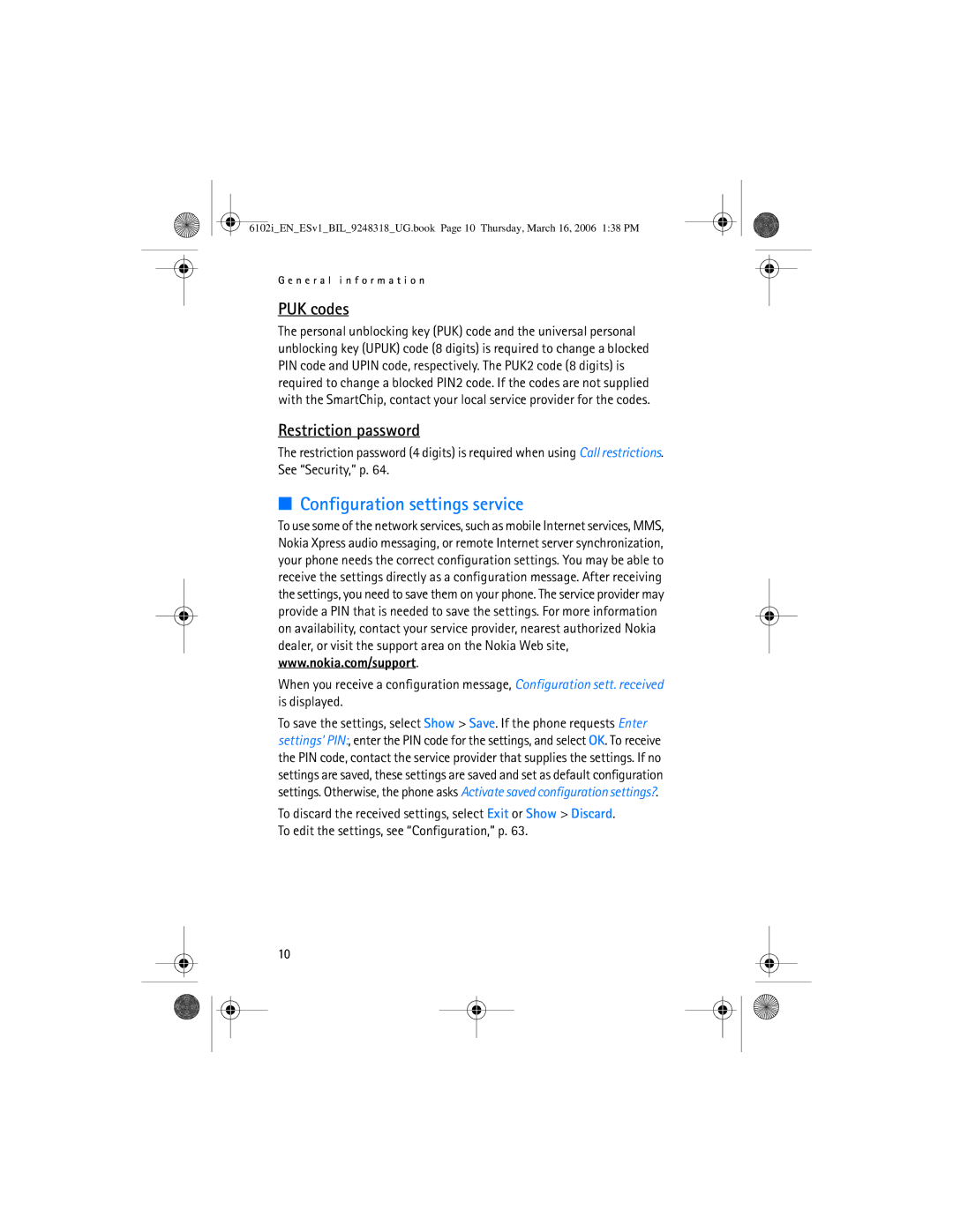 Nokia 6102i manual Configuration settings service, PUK codes, Restriction password 