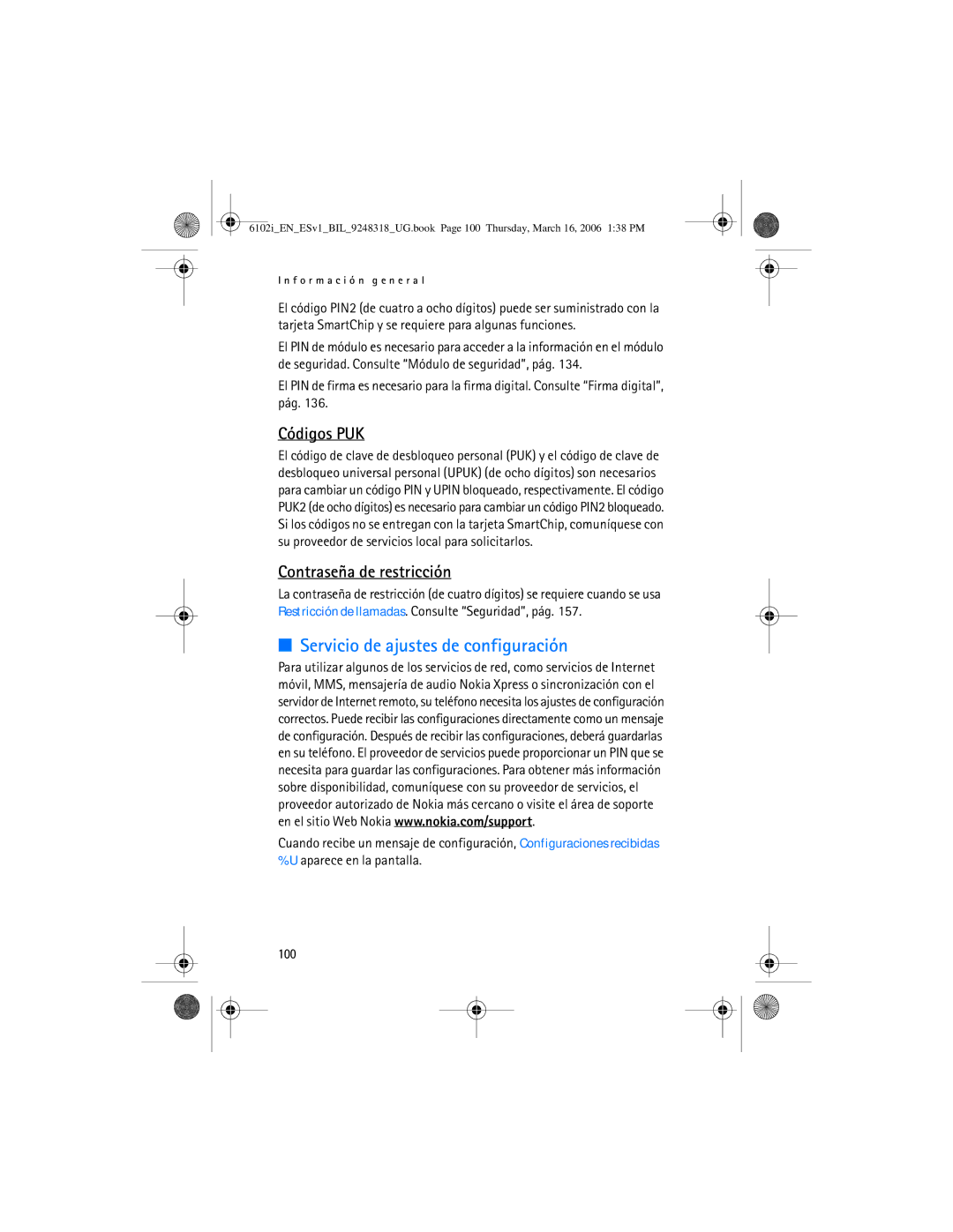 Nokia 6102i manual Servicio de ajustes de configuración, Códigos PUK, Contraseña de restricción, 100 