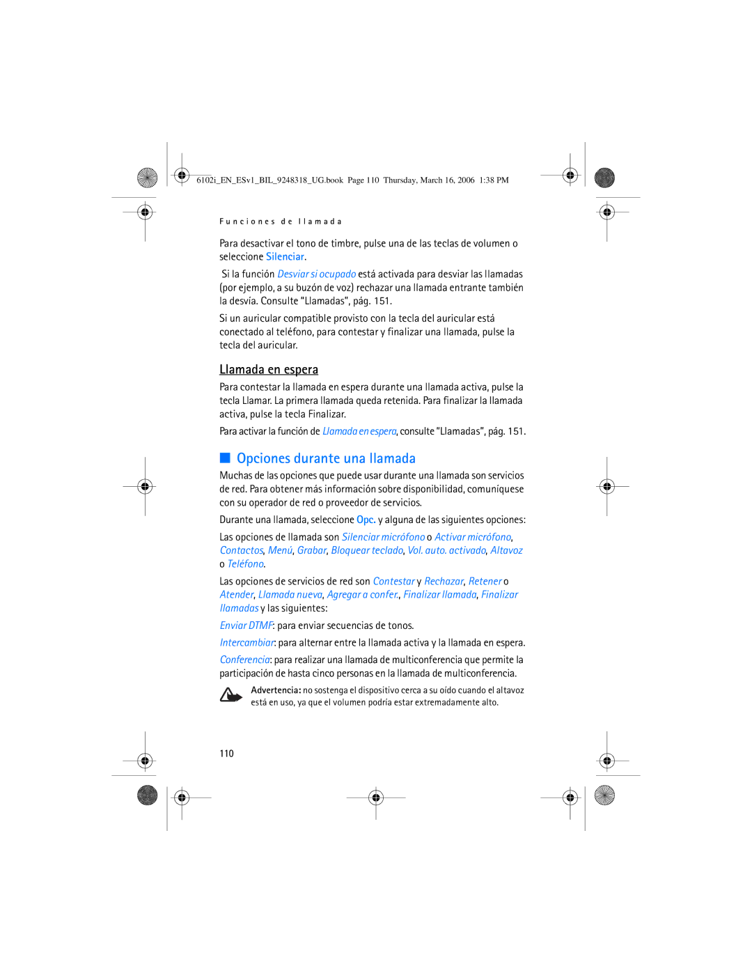 Nokia 6102i manual Opciones durante una llamada, Llamada en espera, Teléfono, 110 