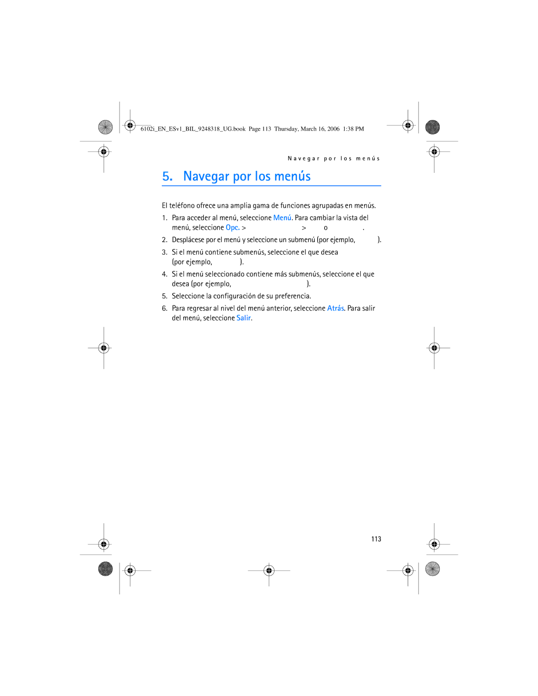 Nokia 6102i manual Navegar por los menús, 113 