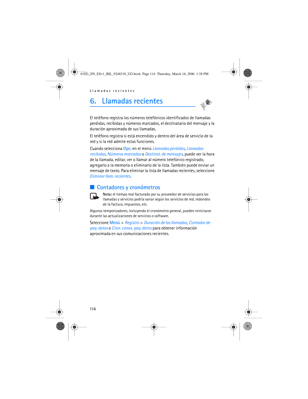 Nokia 6102i manual Llamadas recientes, Contadores y cronómetros, 114 