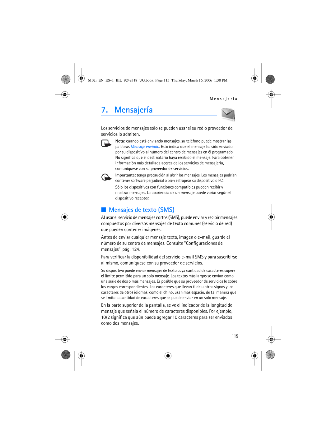 Nokia 6102i manual Mensajería, Mensajes de texto SMS, 115 