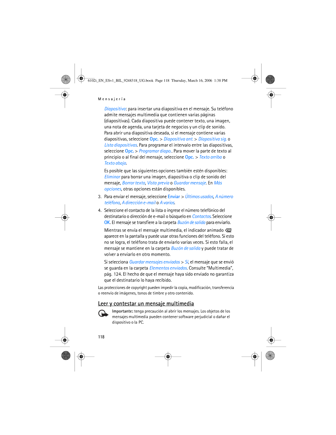 Nokia 6102i manual Leer y contestar un mensaje multimedia, 118 