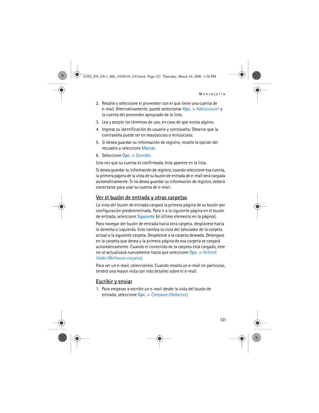 Nokia 6102i manual Ver el buzón de entrada y otras carpetas, Escribir y enviar, 121 