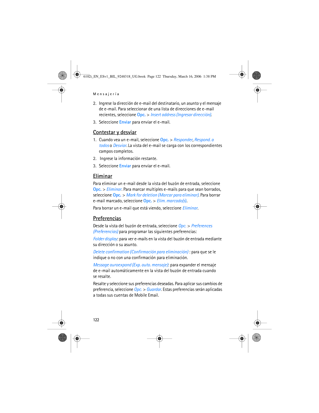 Nokia 6102i manual Contestar y desviar, Eliminar, Preferencias, 122 