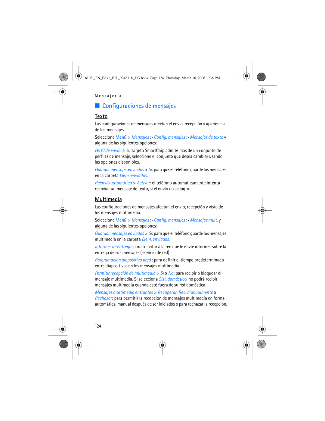 Nokia 6102i manual Configuraciones de mensajes, Texto, 124 