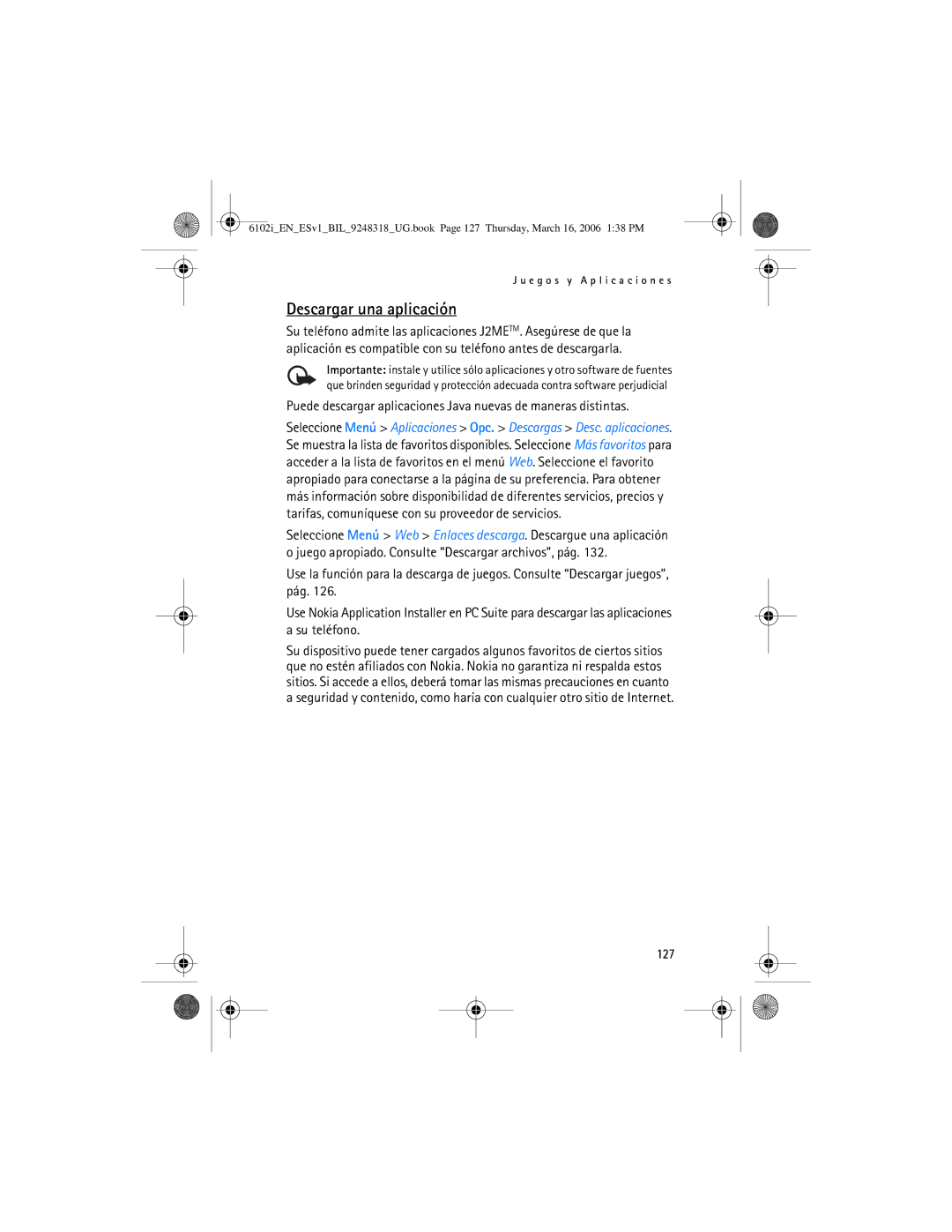 Nokia 6102i manual Descargar una aplicación, 127 