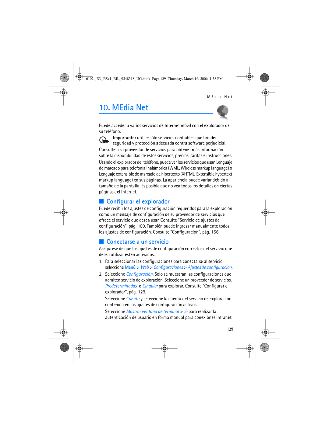 Nokia 6102i manual Configurar el explorador, Conectarse a un servicio, 129 