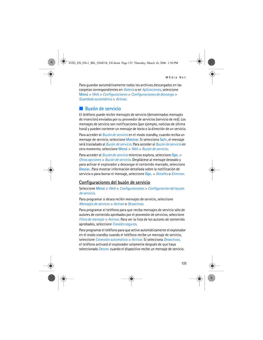 Nokia 6102i manual Buzón de servicio, Configuraciones del buzón de servicio, 133 