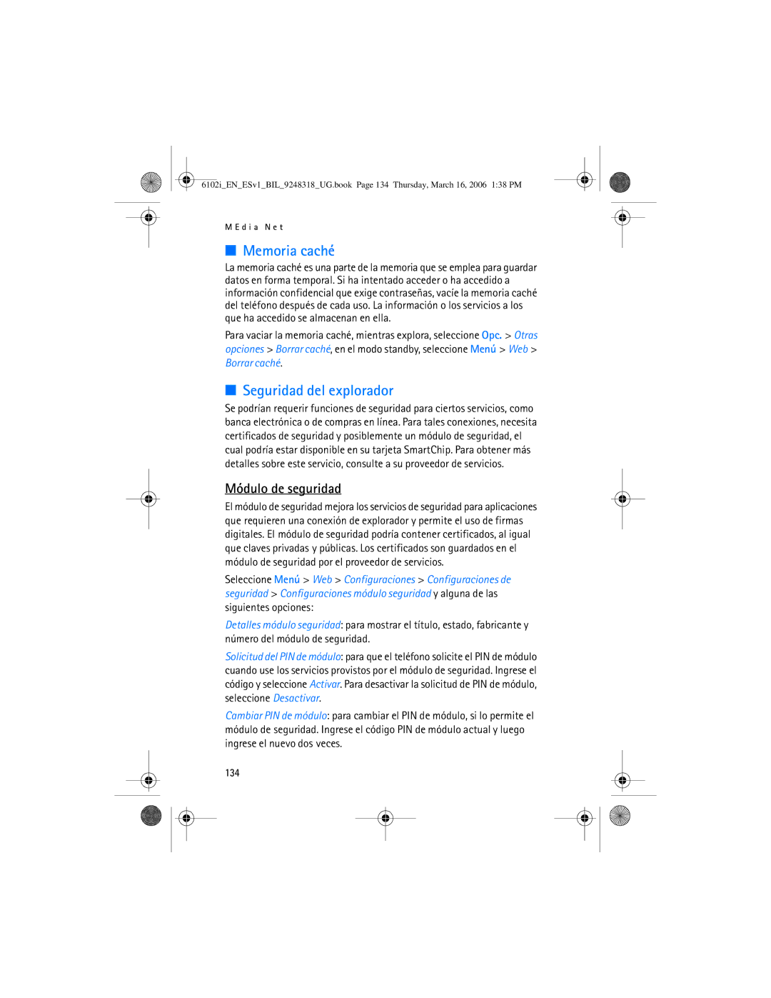 Nokia 6102i manual Memoria caché, Seguridad del explorador, Módulo de seguridad, 134 