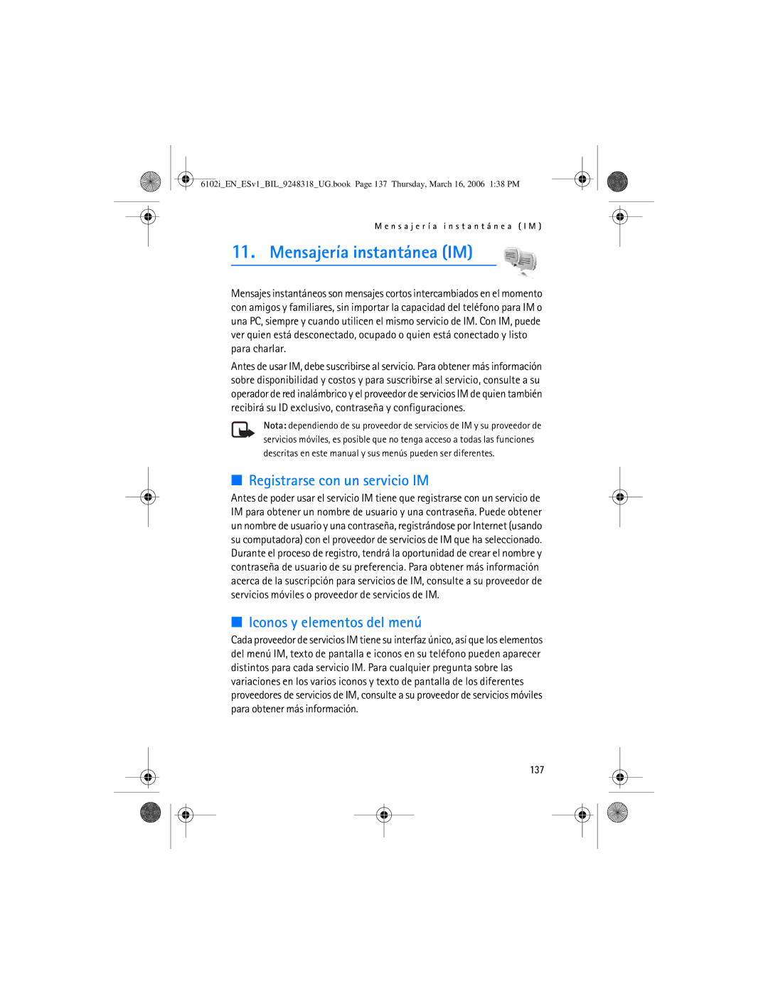 Nokia 6102i manual Registrarse con un servicio IM, Iconos y elementos del menú, 137 