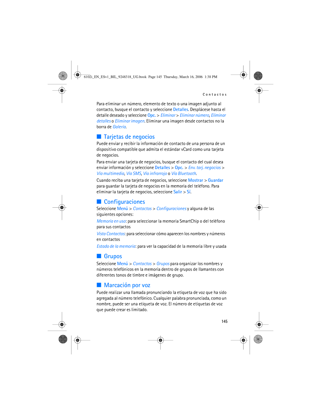 Nokia 6102i manual Tarjetas de negocios, Grupos, Marcación por voz, 145 