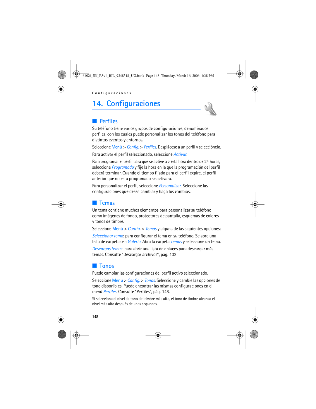 Nokia 6102i manual Configuraciones, Perfiles, Temas, Tonos, 148 