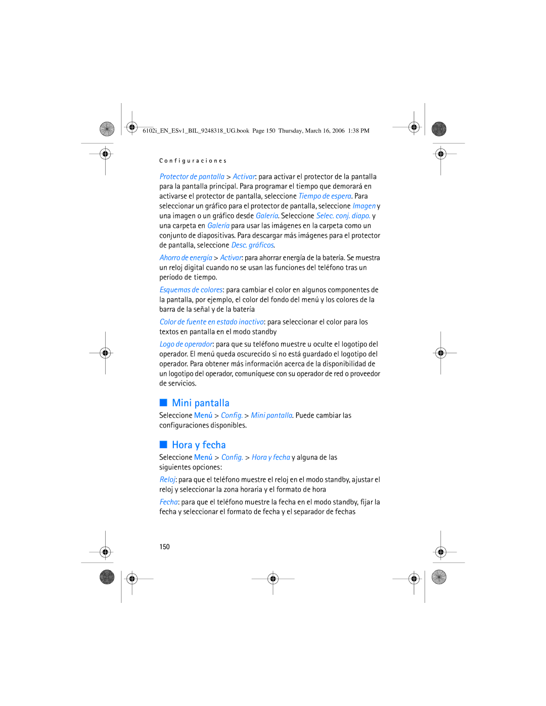 Nokia 6102i manual Mini pantalla, Hora y fecha, 150 