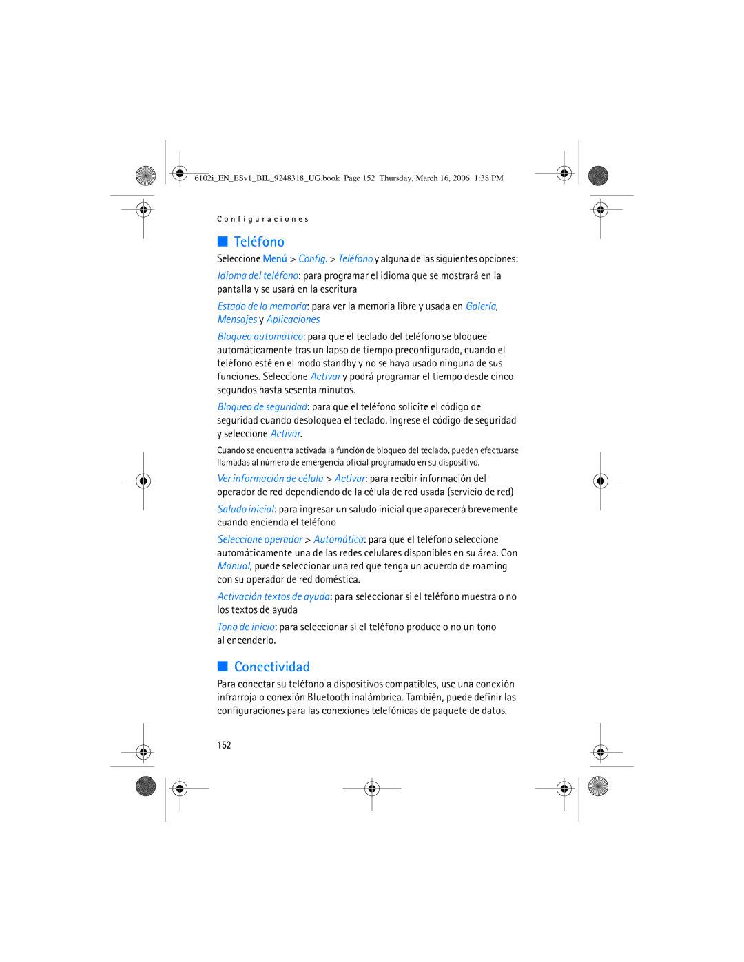 Nokia 6102i manual Teléfono, Conectividad, 152 