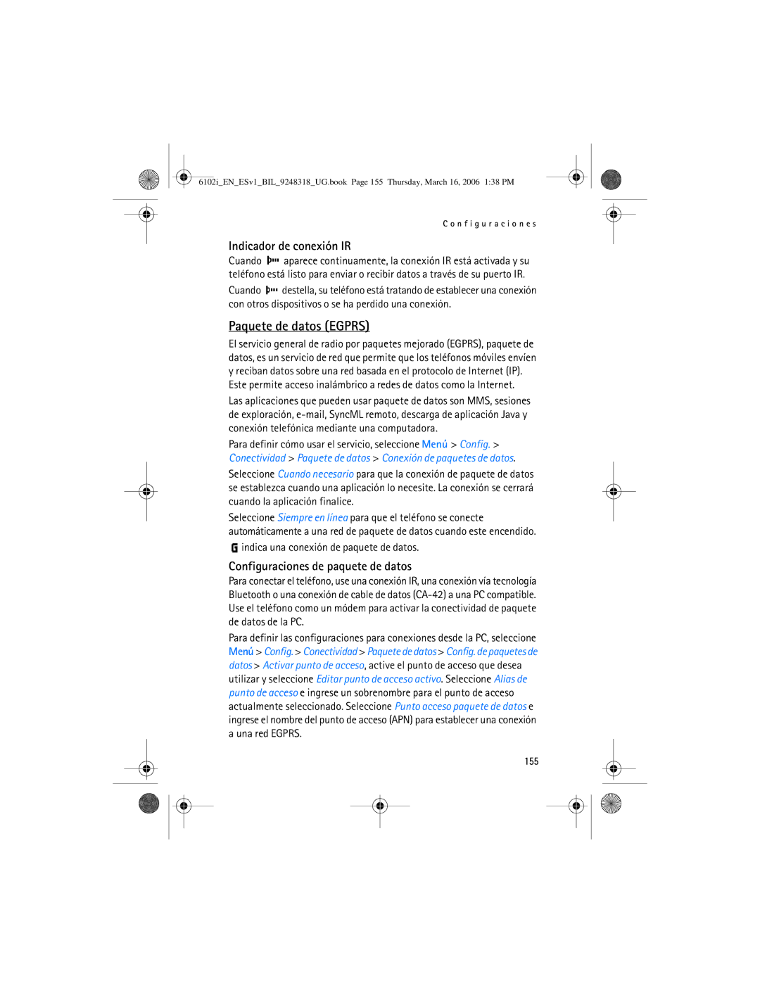 Nokia 6102i manual Paquete de datos Egprs, Indica una conexión de paquete de datos, 155 
