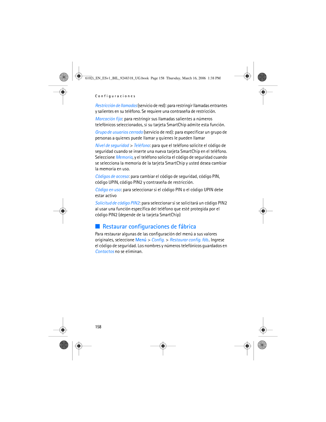 Nokia 6102i manual Restaurar configuraciones de fábrica, 158 