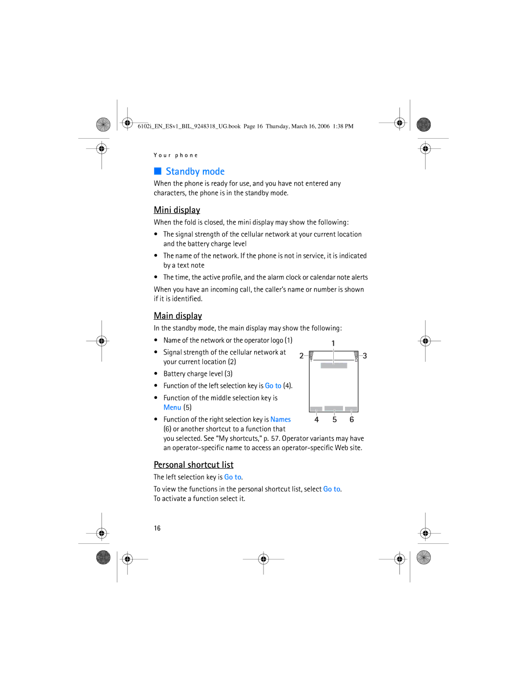 Nokia 6102i manual Standby mode, Mini display, Main display, Personal shortcut list 