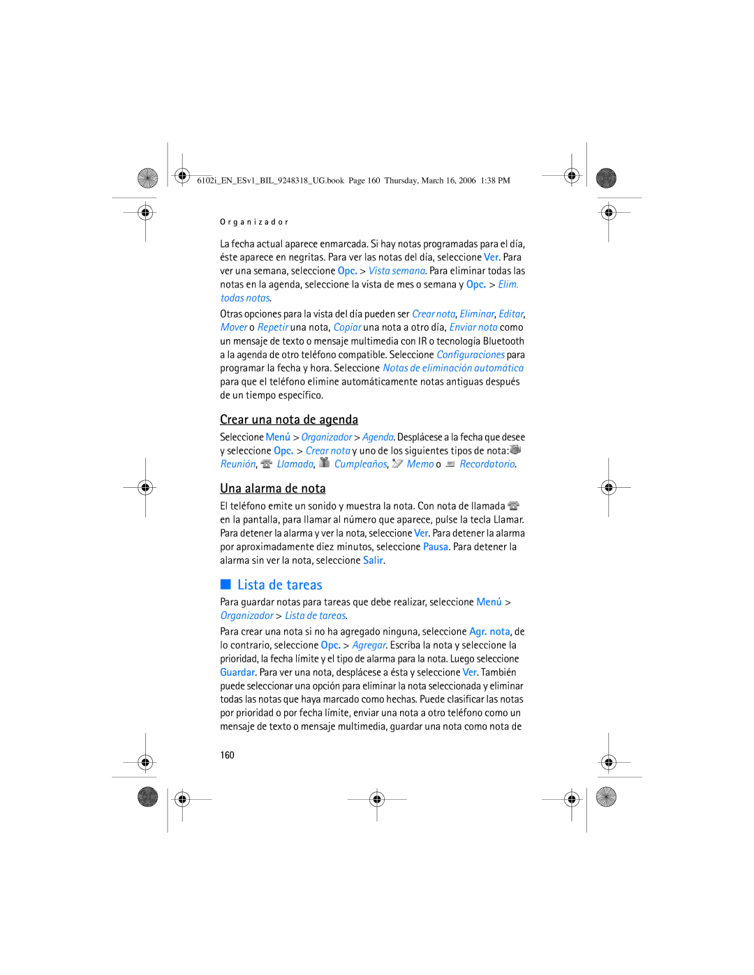 Nokia 6102i manual Lista de tareas, Crear una nota de agenda, Una alarma de nota, 160 