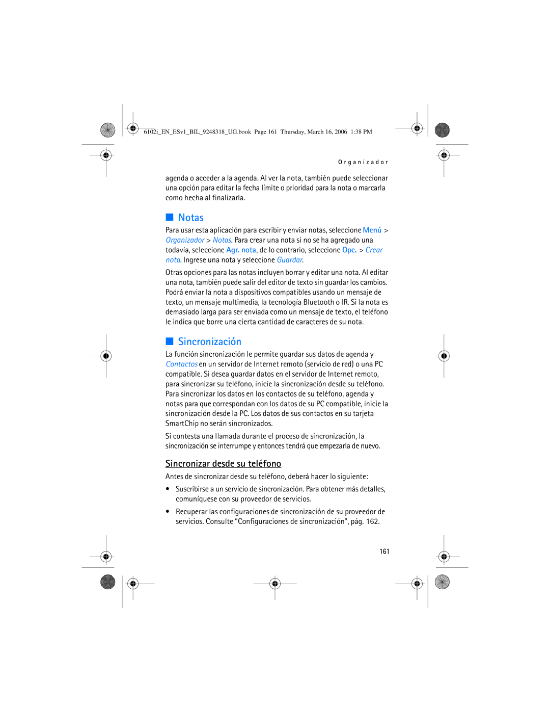 Nokia 6102i manual Notas, Sincronización, Sincronizar desde su teléfono, 161 