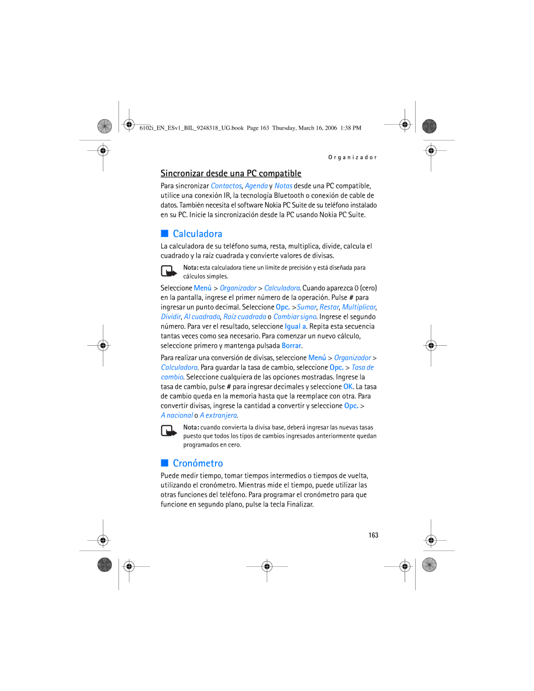 Nokia 6102i manual Calculadora, Cronómetro, Sincronizar desde una PC compatible, Nacional o a extranjera, 163 