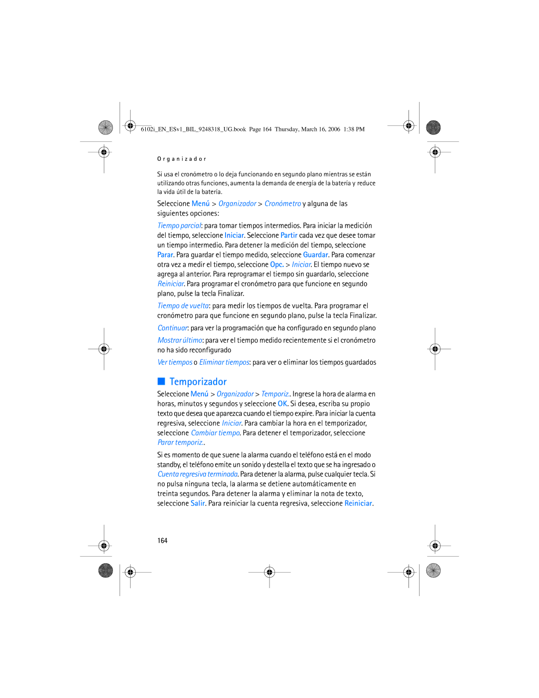 Nokia 6102i manual Temporizador, 164 
