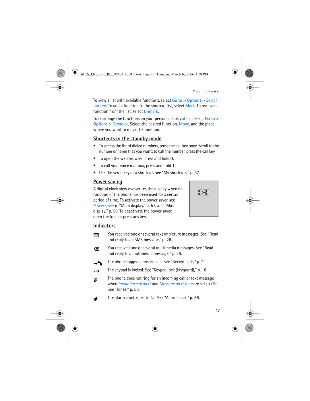 Nokia 6102i manual Shortcuts in the standby mode, Power saving, Indicators 